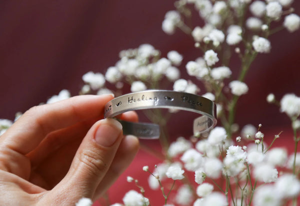 "Comfort. Healing. Peace." Metal Cuff Bracelet