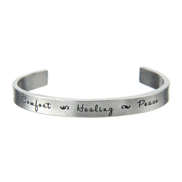 "Comfort. Healing. Peace." Metal Cuff Bracelet