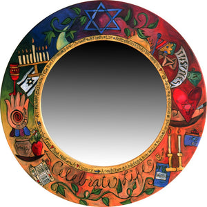 Large Circle Mirror –  "Celebrate Life" Judaica mirror with symbolic elements