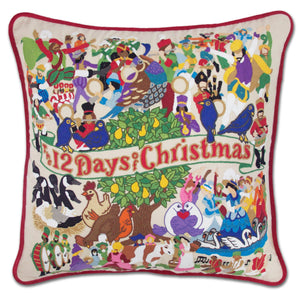12 Days of Christmas Hand-Embroidered Pillow -  This original design celebrates the beloved carol—the 12 Days of Christmas!