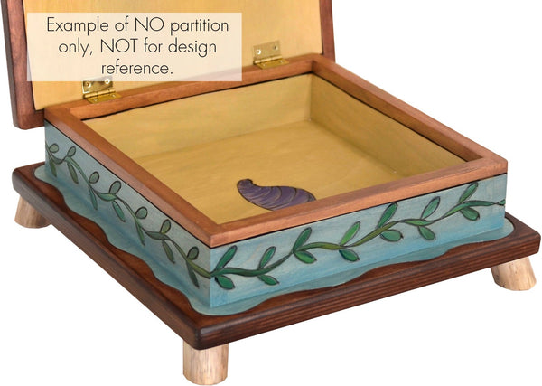 Keepsake Box – Elegant celestial lid design with a bird and bee floating among the sun and moon