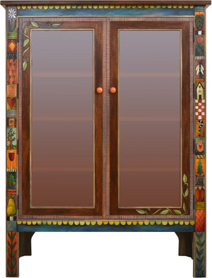 Bookcase with Glass Doors –  Bookcase cabinet with interior shelves and colorful crazy quilt icon patches