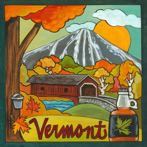"I LoVermont" Plaque – Lovely fall landscape scene of Vermont with maple trees and syrup, yum! front view