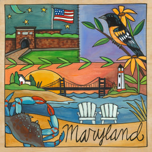 "Free State" Plaque – Patchwork of local Maryland icons including the Bay Bridge along a scenic coastline front view