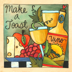 "Make a toast" plaque with cheese board and wine