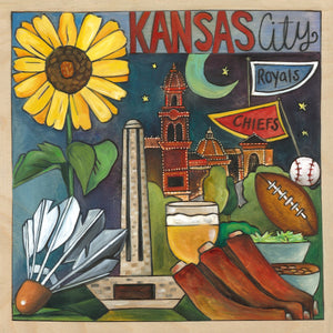 "City of Fountains" Plaque – Fun floating icons representing what we love about Kansas City front view