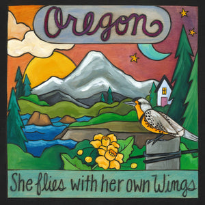 "Explore Oregon" Plaque – "She flies with her own wings" beautiful Oregon landscape motif front view