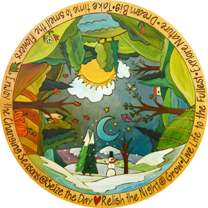 "Around the World in 365 Days" Lazy Susan – Vibrant and colorful artisan printed lazy susan featuring a four seasons theme front view