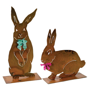 Henry Rabbit Sculpture – Dapper standing rabbit sculpture with a bowtie to celebrate spring season and Easter on a white background with another rabbit sculpture