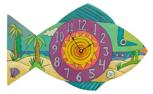 "Beach Time" Fish Clock – A printed tropical fish clock in a brilliant Caribbean palette front view
