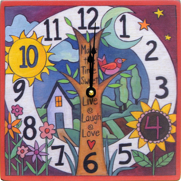 "BigTime" Square Clock – "Make the time sweet" landscape with tree of life in the forefront design front view