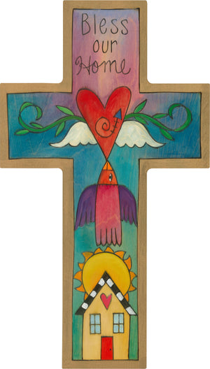 "Blessings" Cross Plaque – "Bless our Home" cross plaque with heart with wings and home motif front view