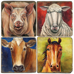 Pig, sheep, cow, and horse coaster set on vibrant backgrounds