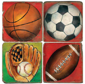 Sporting equipment on bright backgrounds coaster design set
