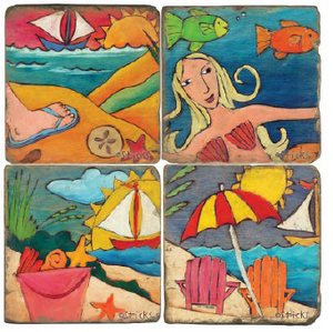 Tropical beach coaster designs featuring a mermaid, seashells, and seaside adirondack chairs