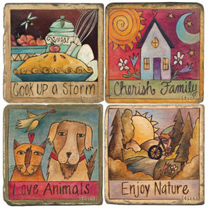 Sticks' best selling plaque quotes on a set of cute coasters