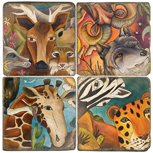 Exotic animals fill each tile in this coaster set