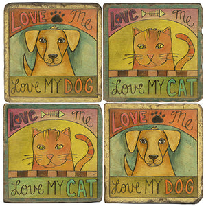 Coordinating "love me love my cat" and "love me love my dog" coasters