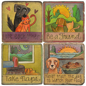 Cats and dogs play together in these coaster designs