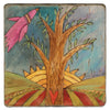 Sun Marble Trivet – Tumbled marble trivet with a Sticks Tree of Life in the foreground of a sunny landscape scene on a white background