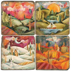 Beautiful vibrant four seasons landscape coaster set