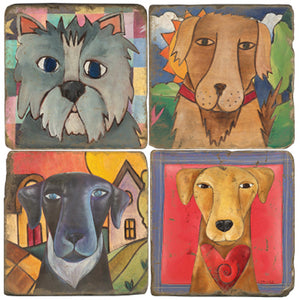 Four good dogs on four marble coasters