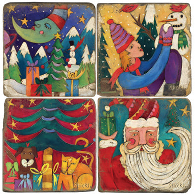 Festive and folky Christmas scenes coaster set