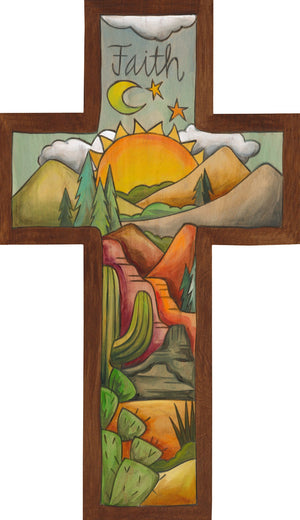 "Canyon Sunrise" Cross Plaque – Southwestern "Faith" cross design filled with arid landscapes and cacti