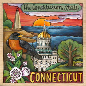 "Still Revolutionary" Plaque – Lovely "Connecticut" plaque featuring state symbols and beloved landmarks