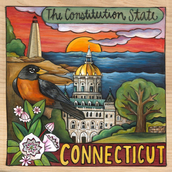 "Still Revolutionary" Plaque – Lovely "Connecticut" plaque featuring state symbols and beloved landmarks