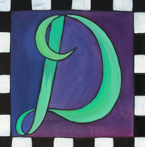 Sincerely, Sticks "D" Alphabet Letter Plaque option 2 in cursive with black and white check border