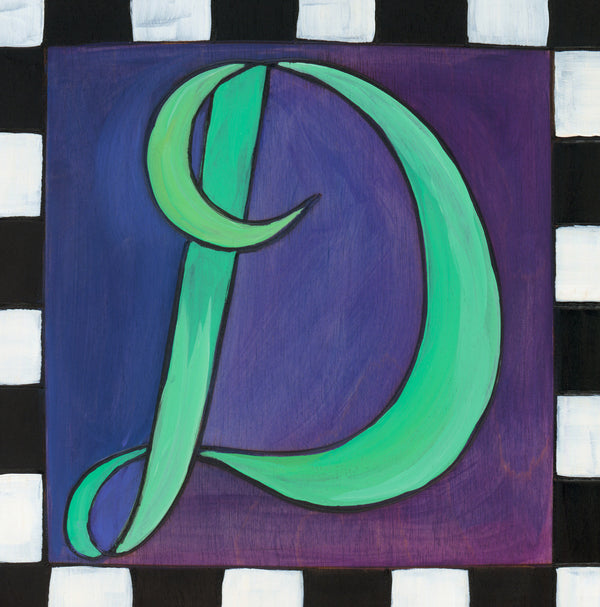 Sincerely, Sticks "D" Alphabet Letter Plaque option 2 in cursive with black and white check border