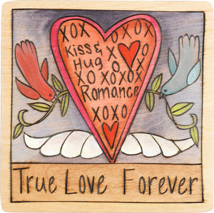 7"x7" Plaque –  "True love forever" romantic heart with wings and love birds plaque