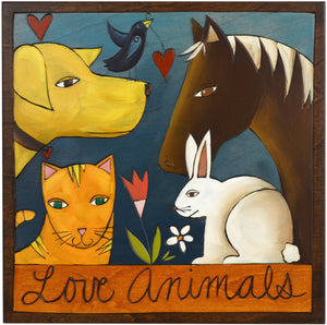 Sticks handmade wall plaque with "Love Animals" quote and imagery