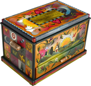 Chest with Drawer – "Life's treasures" chest with patchwork motifs on the sides and beautiful, rich landscapes on the front and back front view