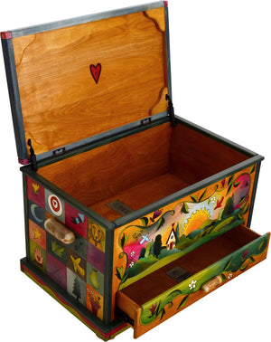 Chest with Drawer – "Life's treasures" chest with patchwork motifs on the sides and beautiful, rich landscapes on the front and back view with top and drawer open