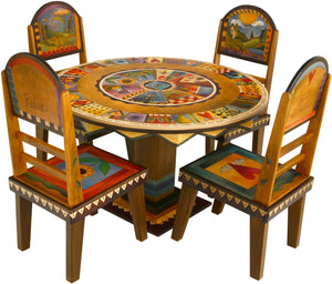 Sticks handmade dining table with vibrant folk art imagery and matching chairs