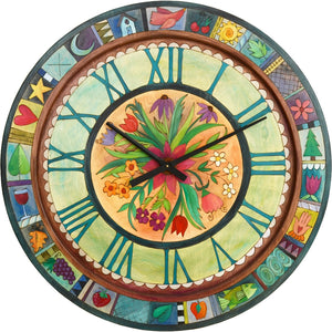Sticks handmade 36"D wall clock with bright, floral motif