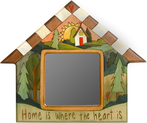 House Shaped Mirror –  "Home is where the Heart is" house-shaped mirror with sunset over a house in the hills motif
