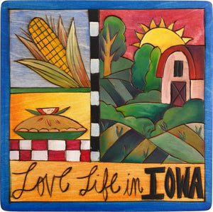 7"x7" Plaque –  "Love life in Iowa" crazy quilt motif
