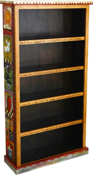 Tall Bookcase –  Lovely tall bookcase with dark interior and colorful block icon motif on the sides