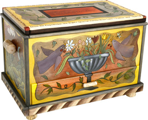 Chest with Drawer – Storage chest with "treasures" inscribed on the top and floral arrangement and landscape designs on its sides main view