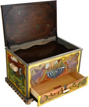Chest with Drawer – Storage chest with "treasures" inscribed on the top and floral arrangement and landscape designs on its sides front view with open top and drawer