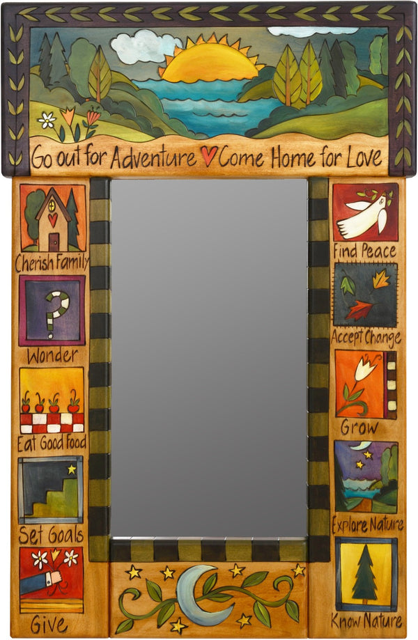 Small Mirror –  "Go out for Adventure, Come Home for Love" mirror with colorful block icons and sun and moon motif