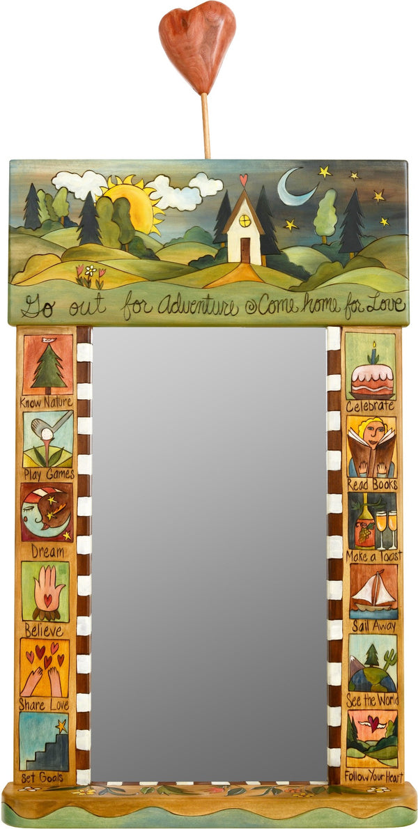 Large Mirror –  "Go out for Adventure/Come Home for Love" mirror with sun and moon on the horizon with home motif