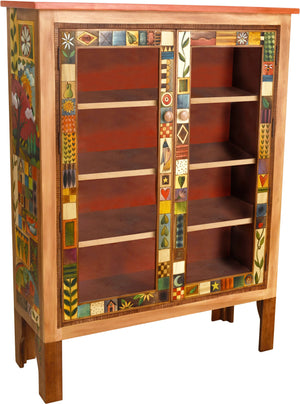 Bookcase with Glass Doors –  Bookcase cabinet with interior shelves and elegant block icons and landscapes