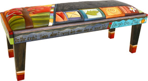 Sticks handmade 4' bench with leather and colorful folk art imagery