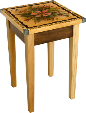 Small Square End Table –  Elegant and neutral end table with lovely floral motif and inspirational phrases