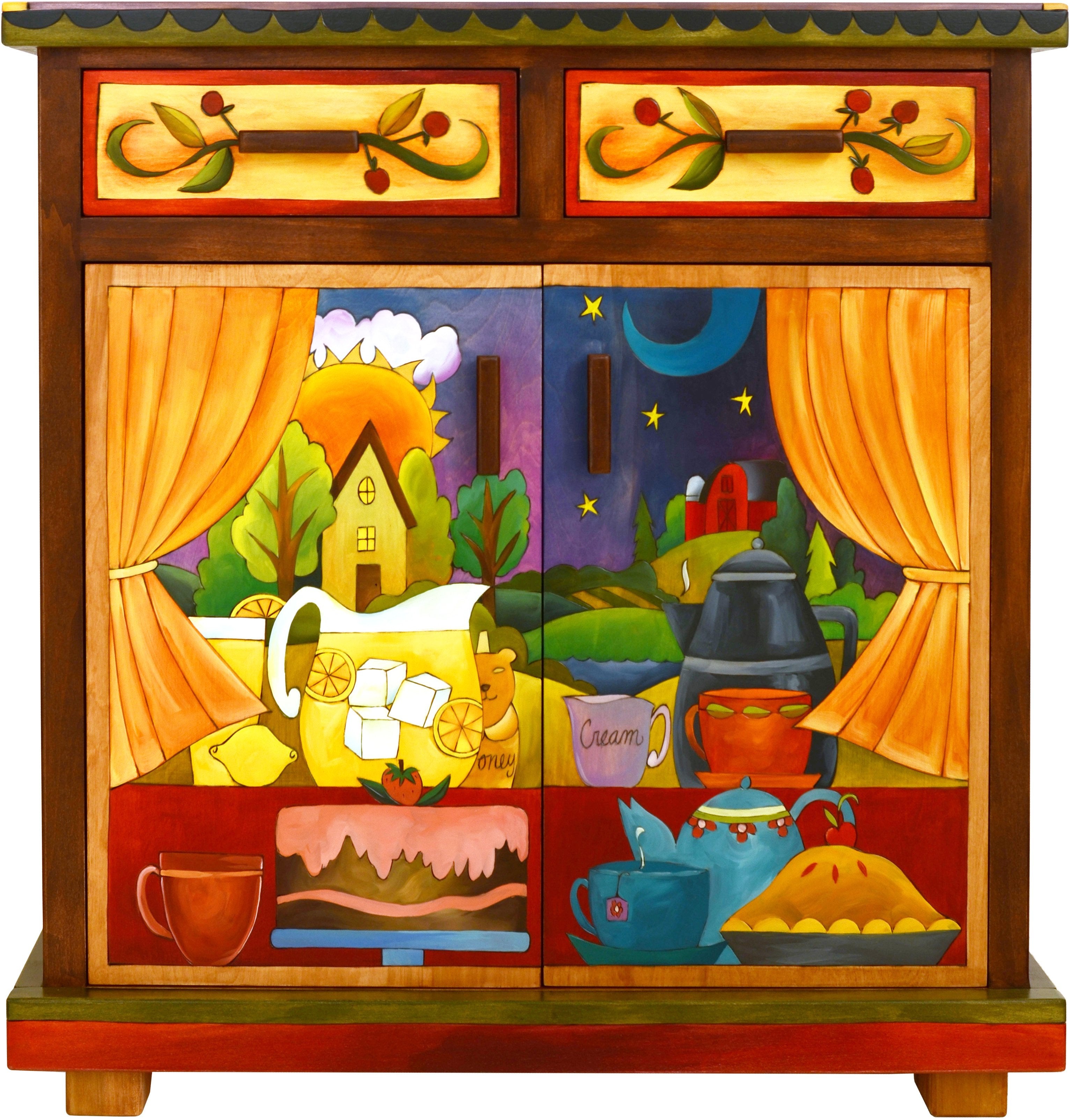 Small Buffet –  Small buffet with sun and moon in the sky and a home on the horizon motif