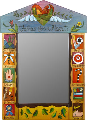 Medium Mirror –  "Follow your Heart" mirror with sunset over the rolling hills and heart with wings motif